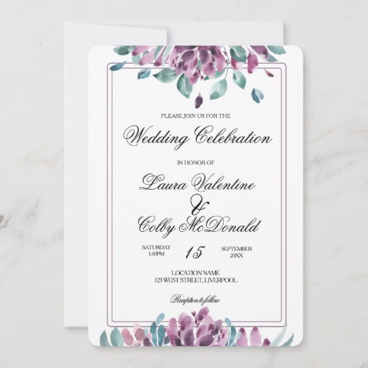 Dusky Paarse Floral Fall Wedding Uitnodiging (Voorkant)