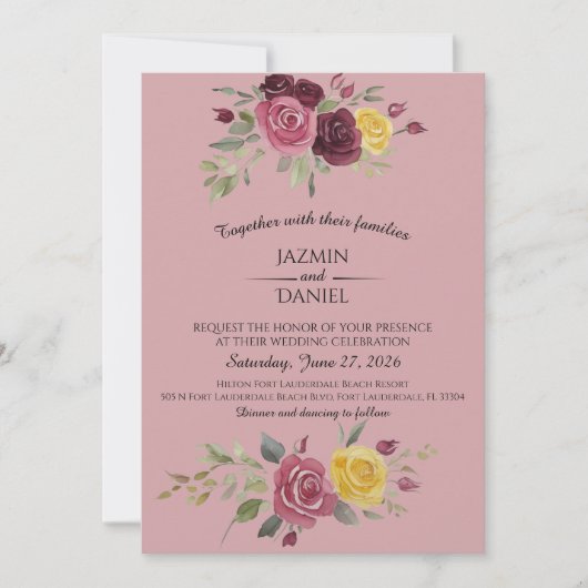 Dusky Pastel Watercolor Roses Maroon Invitation (Devant)