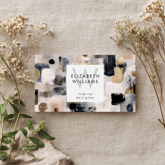 Dusky Pink Black Gold Monogram Business Cards Visitekaartje