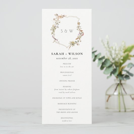 Dusky Pink Blush Wildflower Crest Wedding Program Kaart (Staand voorkant)