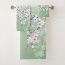 Dusky Pink Cherry Blossom Green Background Floral