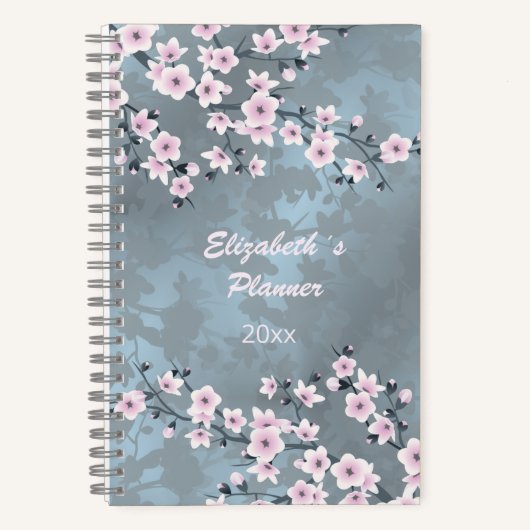 Dusky Pink Dusty Blue Cherry Blossom Naam Jaar Notitieboek (Voorkant)