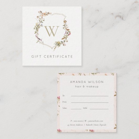 Dusky Pink Fleur sauvage Crest Certificat cadeau (Devant / Derrière)