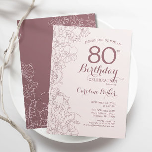 Dusky Pink Floral 80th Birthday Party Kaart