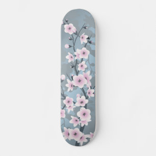 Dusky Pink Grayish Blue Cherry Blossom Floral Skateboard