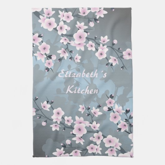 Dusky Pink Grayish Blue Cherry Blossom Theedoek (Verticaal)