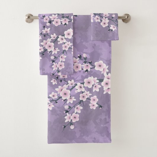 Dusky Pink Paarse Cherry Blossom Floral Bad Handdoek (Insitu)