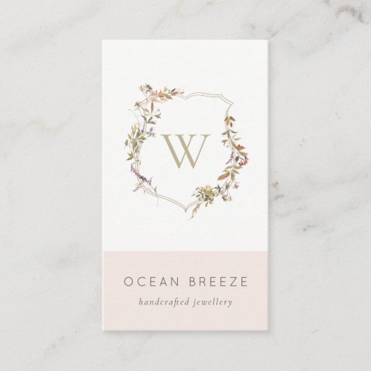 Dusky Pink Wildflower Monogram Initiaal Crest Visitekaartje (Voorkant)