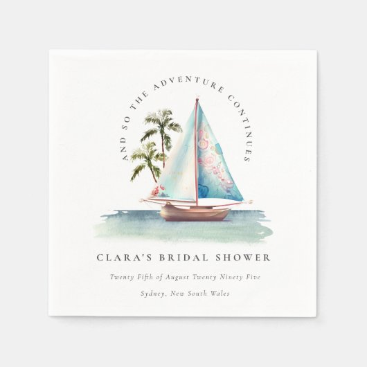 Dusky Teal Zeilboot Palm Seascape Bruidsdouche Servet (Voorkant)