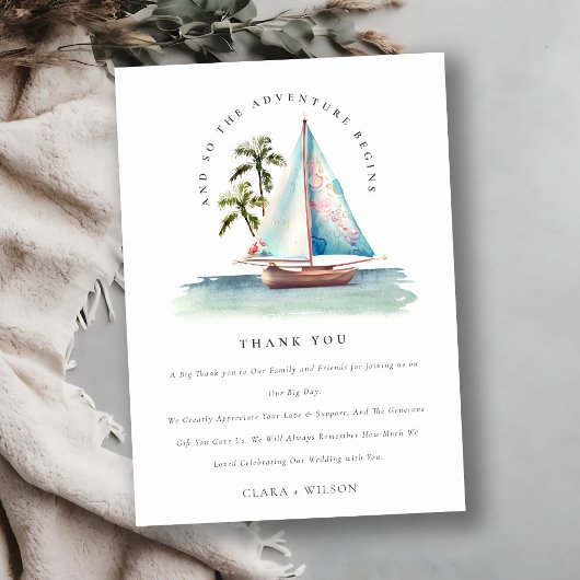 Dusky Teal Zeilboot Palm Seascape Bruidsshower Bedankkaart