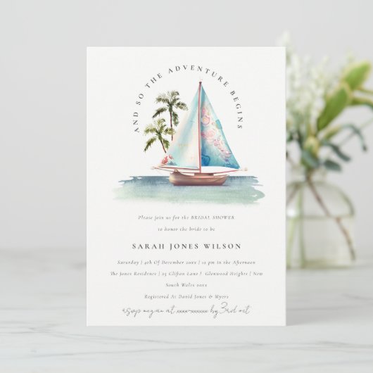 Dusky Teal Zeilboot Palm Seascape Bruiloft Feest Kaart (Staand voorkant)