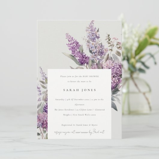 Dusky Waterverf Lila Katoen Baby shower Kaart (Staand voorkant)