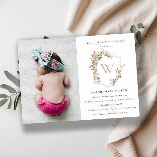 Dusky Wildflower Crest Foto Eerste Heilige Communi Kaart