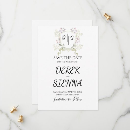 Dusky Wildflower Monogram Crest Wedding Save The Date (Voorkant / Achterkant in situ)