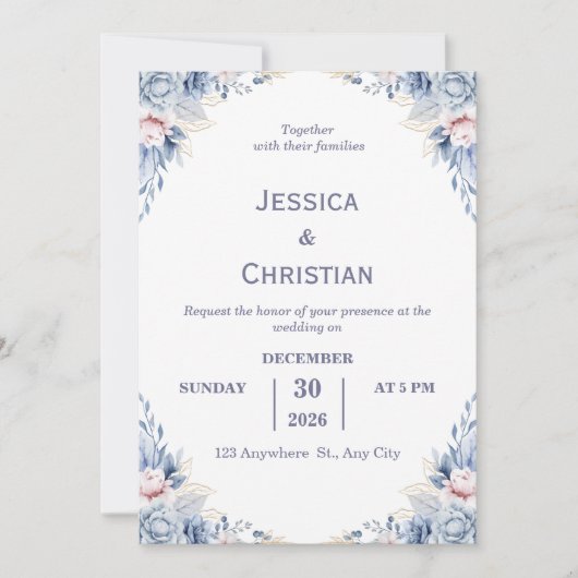 Dust Blue Floral Wedding Invitation (Devant)