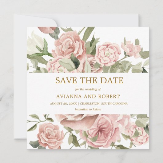 Dust Pink Floral Greenery Save The Date (Voorkant)