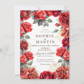 Dust Red Roses Gold Flower Wedding Kaart (Voorkant)
