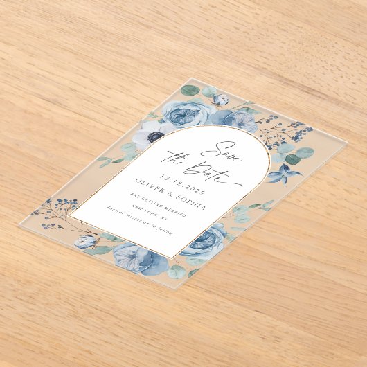 Dustemoerblauwe bloemgoudmakerij Sla de datum op Acryl Uitnodigingen (Laagn)