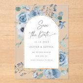 Dustemoerblauwe bloemgoudmakerij Sla de datum op Acryl Uitnodigingen (Voorkant)