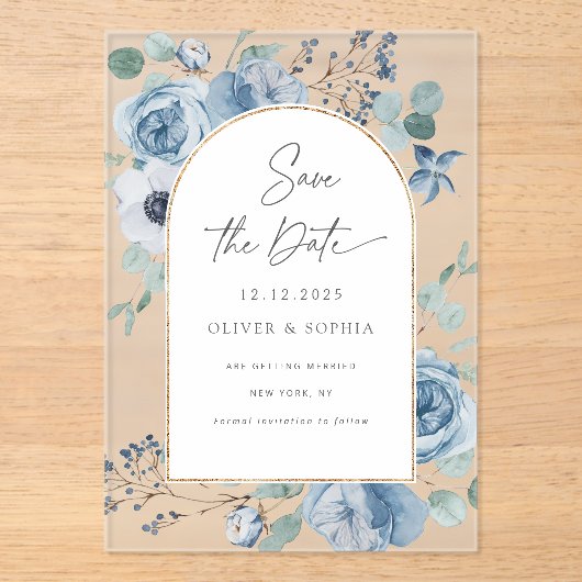 Dustemoerblauwe bloemgoudmakerij Sla de datum op Acryl Uitnodigingen (Voorkant)