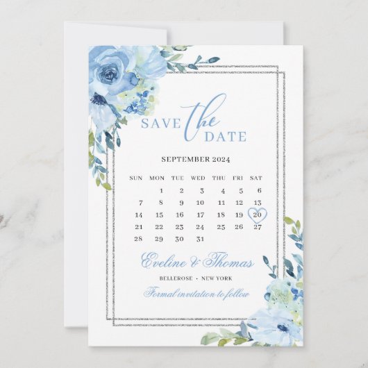 Dustemuze zilverglitter kalender bruiloft save the date (Voorkant)