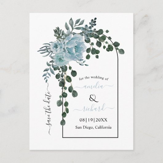 Dustum blauwe bloemen bruiloft Bespaar op datum Briefkaart (Voorkant)