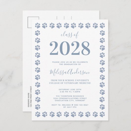 Dustum Blue Glitter Paw Afstuderen Uitnodiging Briefkaart (Voorkant / Achterkant)
