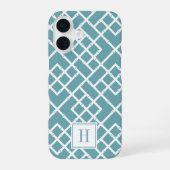 Dusty Aqua Bamboo Lattice Monogram iPhone 16 Hoesje (Achterkant)
