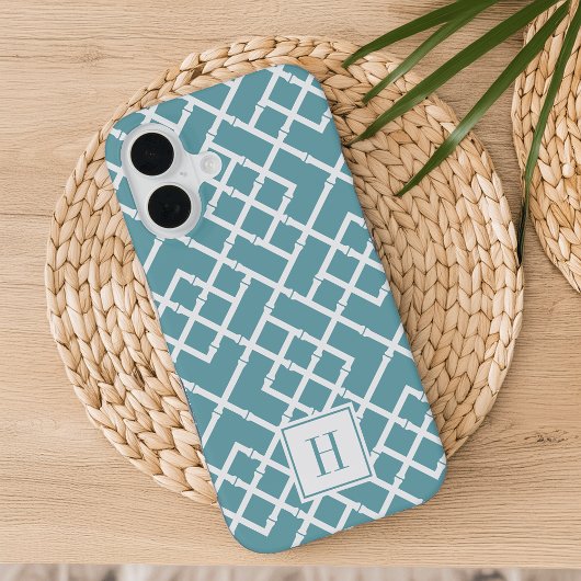 Dusty Aqua Bamboo Lattice Monogram iPhone 16 Hoesje