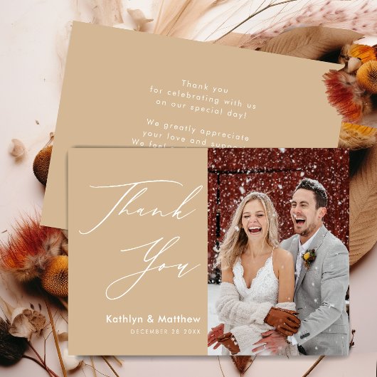 Dusty Beige Elegant Script Modern Photo Wedding Bedankkaart