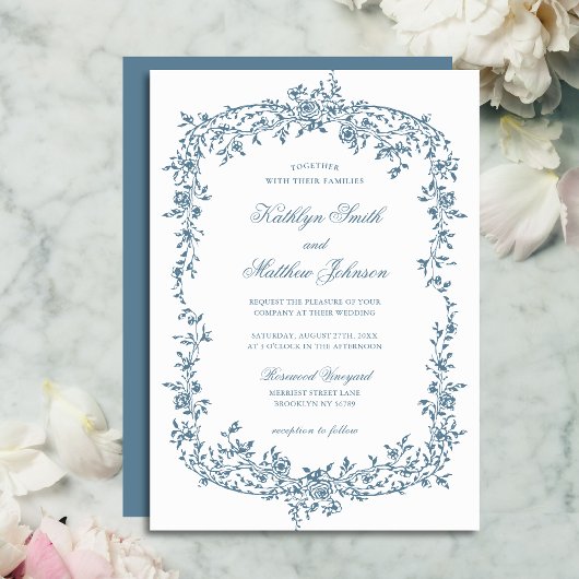 Dusty Blauw  Bloemen Elegant Script Bruiloft Kaart