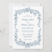Dusty Blauw  Bloemen Elegant Script Bruiloft Kaart (Voorkant)