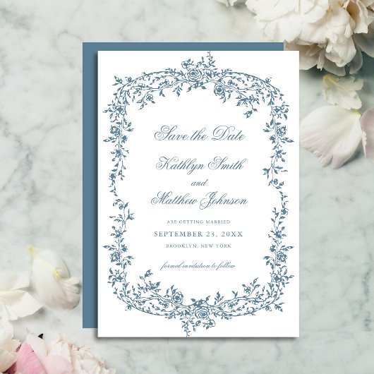 Dusty Blauw Bloemen Elegant Script Bruiloft Save The Date