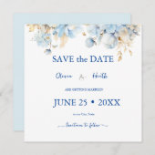 Dusty Blauw Bloemen Goud Bruiloft 2 Save The Date (Voorkant / Achterkant)