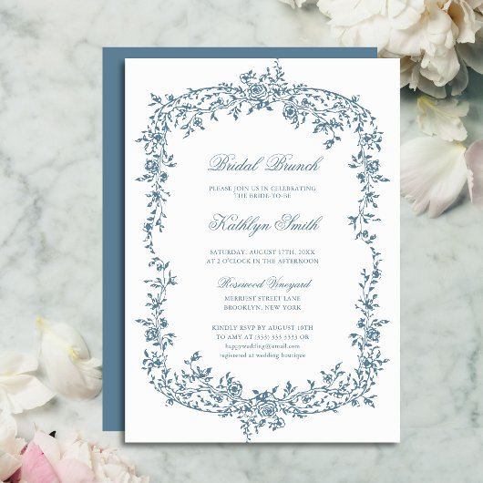 Dusty Blauw  Bloemen Script Bridal Brunch Kaart