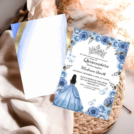 Dusty Blauw Bloemen Vlinder Meisje Quinceanera Kaart