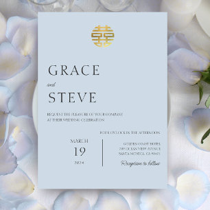 Dusty Blauw Dubbel Geluk Chinees Koreaans Huwelijk Kaart