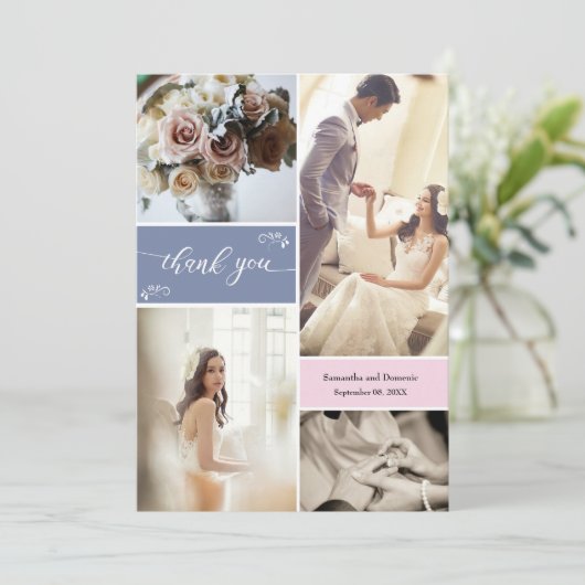 Dusty blauw en Blush Pink Script Dank u Collage Bedankkaart (Staand voorkant)