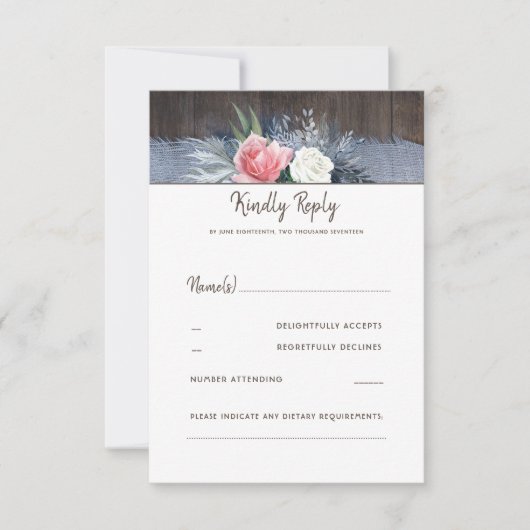 Dusty Blauw en Blush Rustiek Land Bruiloft RSVP (Voorkant)