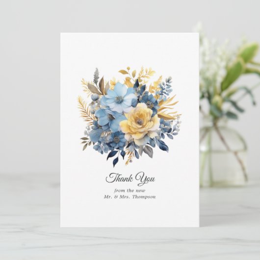 Dusty Blauw en Goud Bloemen Bruiloft Bedankkaart (Staand voorkant)