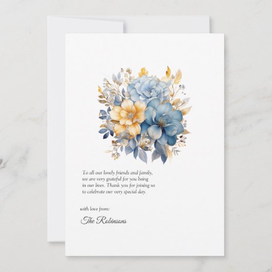 Dusty Blauw en Goud Bloemen Bruiloft Bedankkaart (Achterkant)