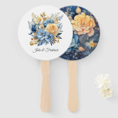 Dusty Blauw en Goud Bloemen Bruiloft Handwaaier (Voorkant en achterkant)