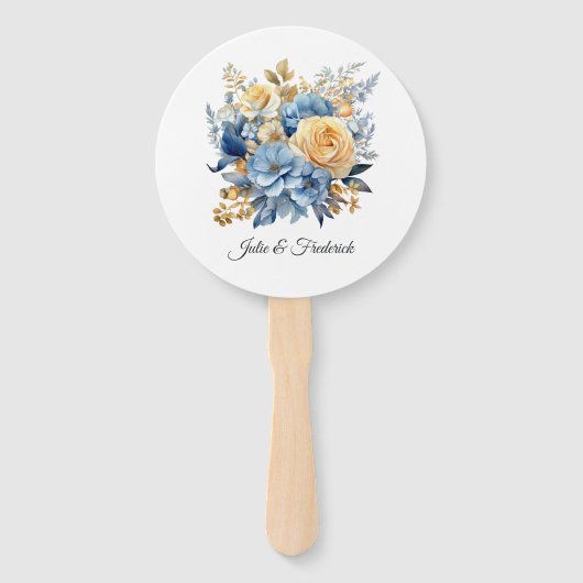 Dusty Blauw en Goud Bloemen Bruiloft Handwaaier (Voorkant)