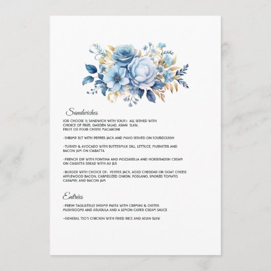 Dusty Blauw en Goud Bloemen Bruiloft Menu (Achterkant)