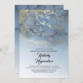 Dusty Blauw en Goud Elegant Verjaardagsfeest Kaart (Voorkant / Achterkant)