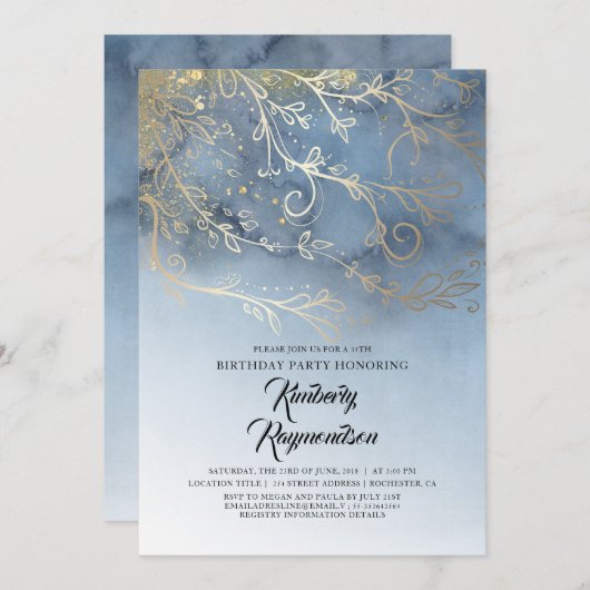 Dusty Blauw en Goud Elegant Verjaardagsfeest Kaart (Voorkant / Achterkant)