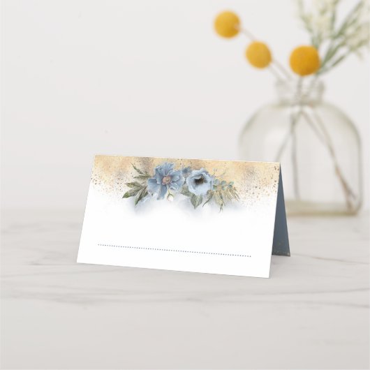 Dusty Blauw en Goud Glitter Bloemenbruiloft (Voorkant)