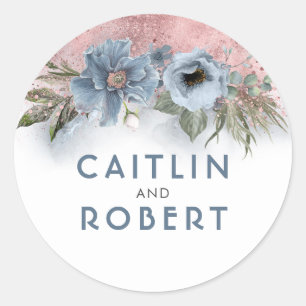 Dusty Blauw en Roos Goud Glitter Bloemenbruiloft Ronde Sticker