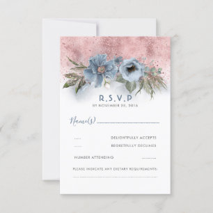 Dusty Blauw en Roos Gouden Glitter Boho Bruiloft R RSVP Kaartje