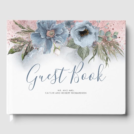 Dusty Blauw en Roos Gouden Glitter Bruiloft Gastenboek (Voorkant)